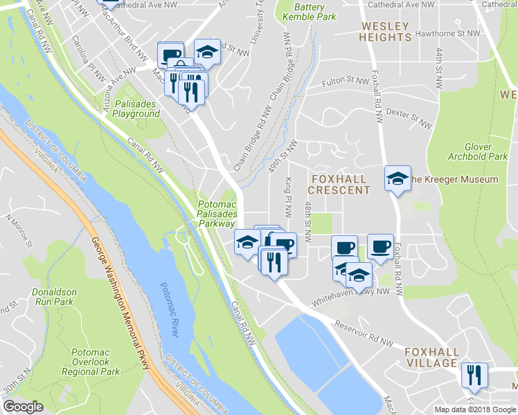 map of restaurants, bars, coffee shops, grocery stores, and more near 4911 Ashby Street Northwest in Washington