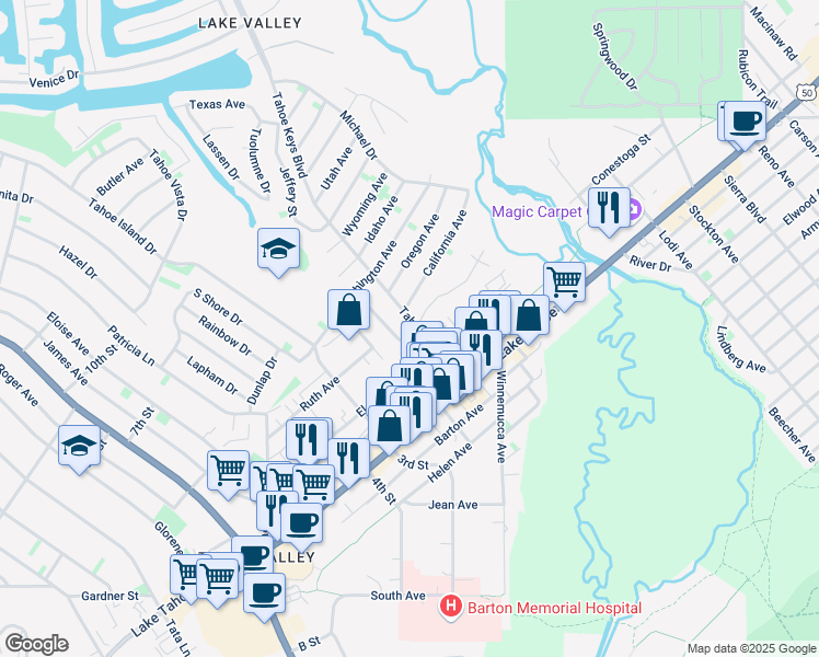 map of restaurants, bars, coffee shops, grocery stores, and more near 928 Tahoe Keys Boulevard in South Lake Tahoe