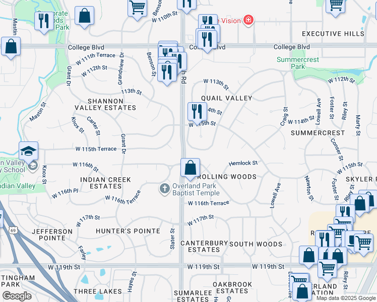 map of restaurants, bars, coffee shops, grocery stores, and more near 11514 Mackey St in Overland Park