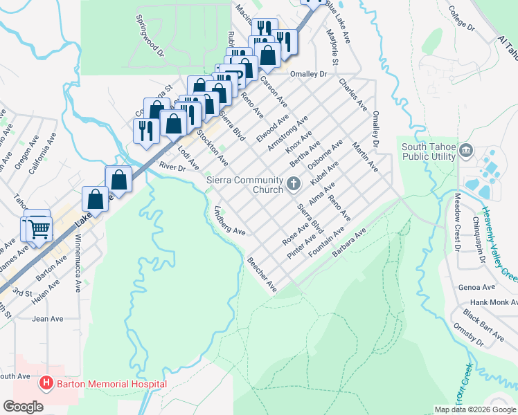 map of restaurants, bars, coffee shops, grocery stores, and more near 2505 Osborne Avenue in South Lake Tahoe