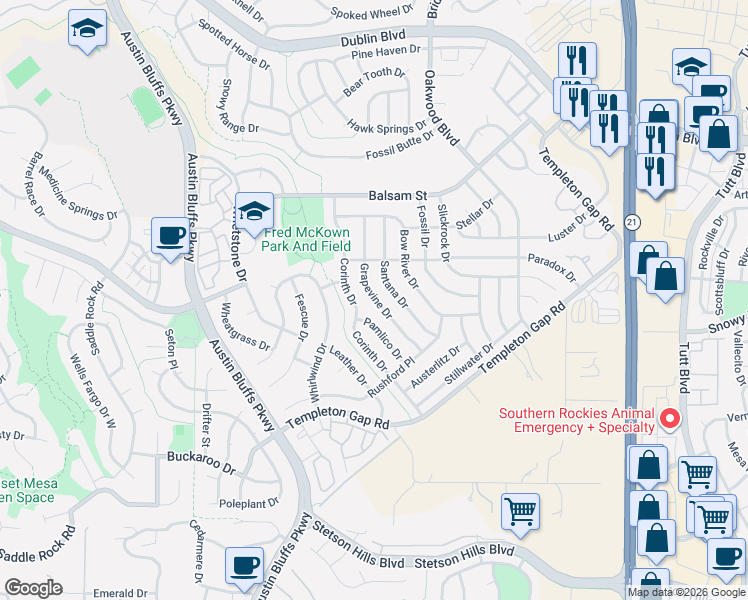 map of restaurants, bars, coffee shops, grocery stores, and more near 5855 Grapevine Drive in Colorado Springs