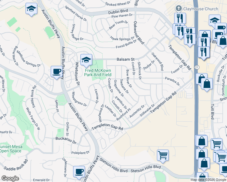 map of restaurants, bars, coffee shops, grocery stores, and more near 5947 Corinth Drive in Colorado Springs