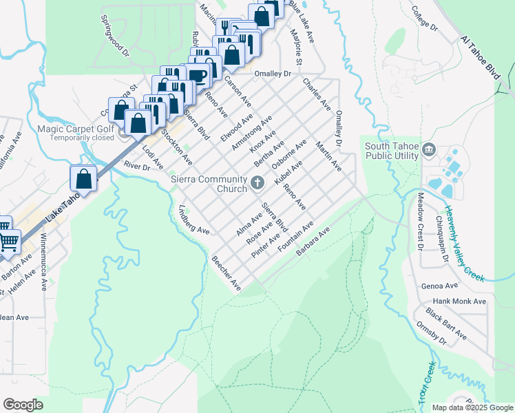 map of restaurants, bars, coffee shops, grocery stores, and more near 2534 Kubel Avenue in South Lake Tahoe