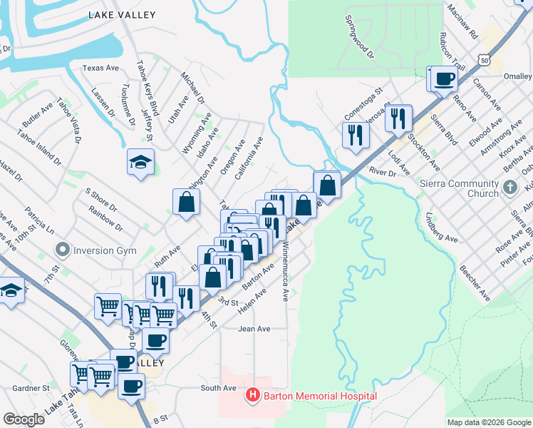 map of restaurants, bars, coffee shops, grocery stores, and more near 2301 James Avenue in South Lake Tahoe