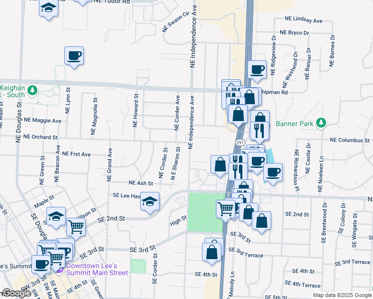 map of restaurants, bars, coffee shops, grocery stores, and more near 309 Northeast Independence Avenue in Lee's Summit