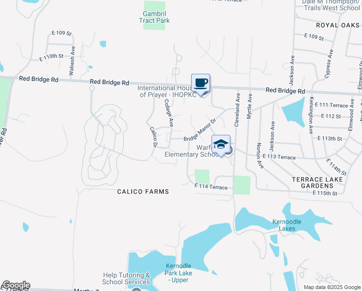 map of restaurants, bars, coffee shops, grocery stores, and more near 11304 Indiana Avenue in Kansas City