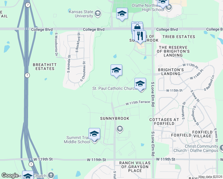 map of restaurants, bars, coffee shops, grocery stores, and more near 11533 South Roundtree Street in Olathe