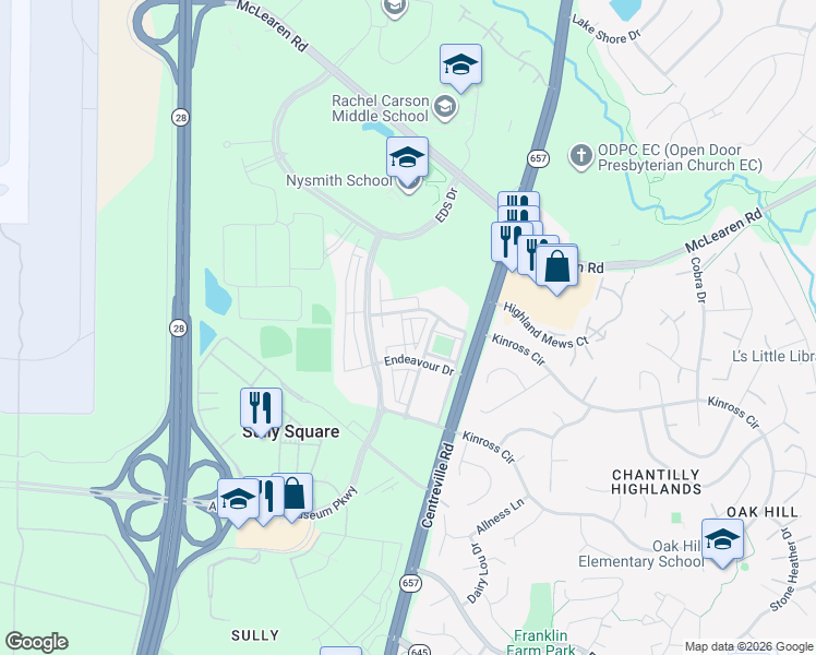 map of restaurants, bars, coffee shops, grocery stores, and more near 3157 John Glenn Street in Herndon