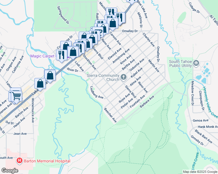 map of restaurants, bars, coffee shops, grocery stores, and more near 2505 Osborne Avenue in South Lake Tahoe