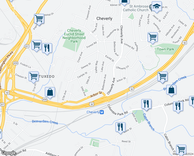 map of restaurants, bars, coffee shops, grocery stores, and more near 2417 Valley Way in Cheverly