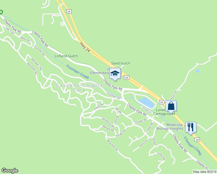 map of restaurants, bars, coffee shops, grocery stores, and more near 9297 Chipita Park Road in Cascade-Chipita Park