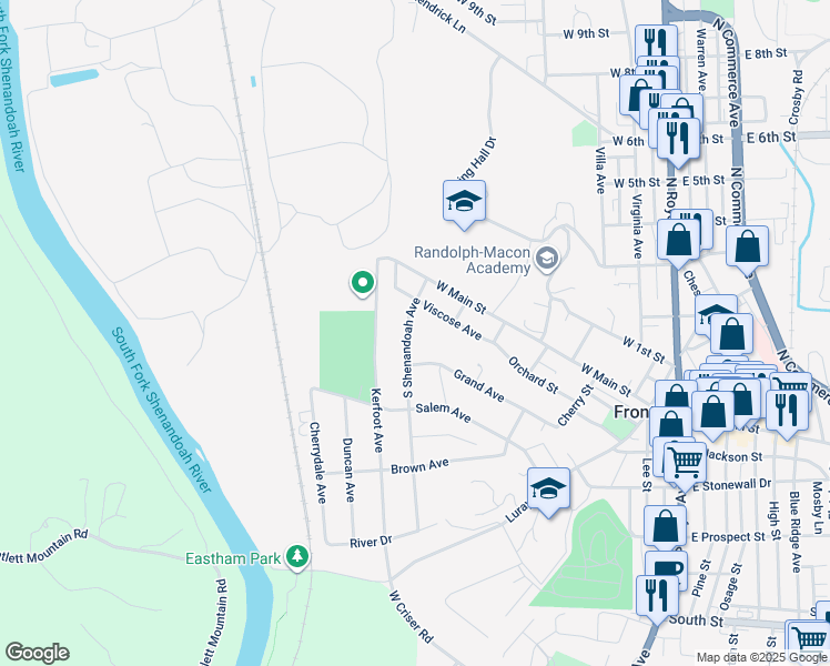 map of restaurants, bars, coffee shops, grocery stores, and more near 114 South Shenandoah Avenue in Front Royal
