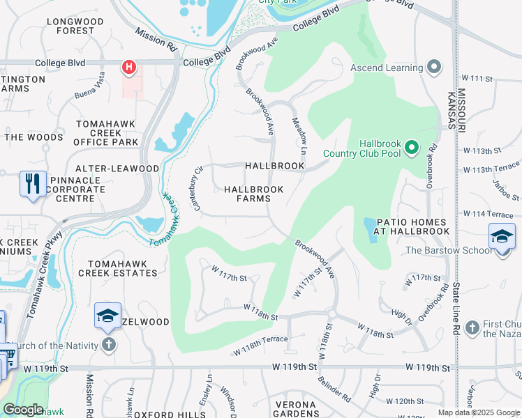 map of restaurants, bars, coffee shops, grocery stores, and more near 11504 Brookwood Street in Leawood