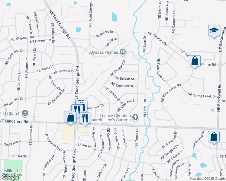 map of restaurants, bars, coffee shops, grocery stores, and more near 409 Northeast Corsicana Street in Lee's Summit