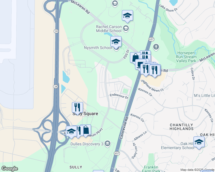 map of restaurants, bars, coffee shops, grocery stores, and more near 13671 Air and Space Museum Parkway in Herndon