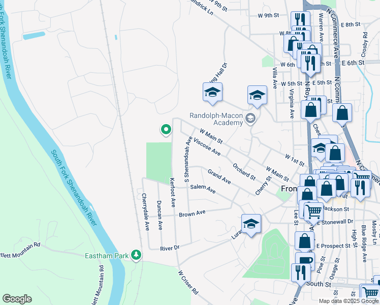 map of restaurants, bars, coffee shops, grocery stores, and more near 114 South Shenandoah Avenue in Front Royal