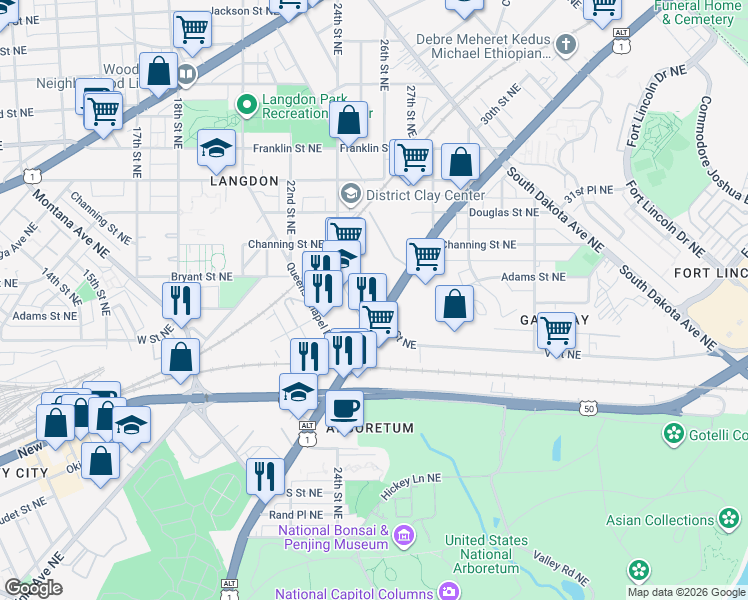 map of restaurants, bars, coffee shops, grocery stores, and more near 2220 25th Place Northeast in Washington