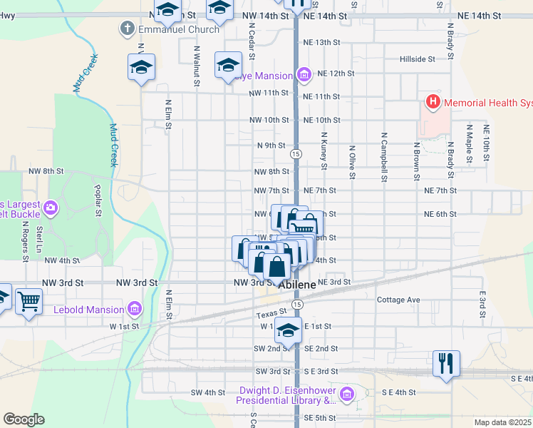 map of restaurants, bars, coffee shops, grocery stores, and more near 301 Northwest 6th Street in Abilene