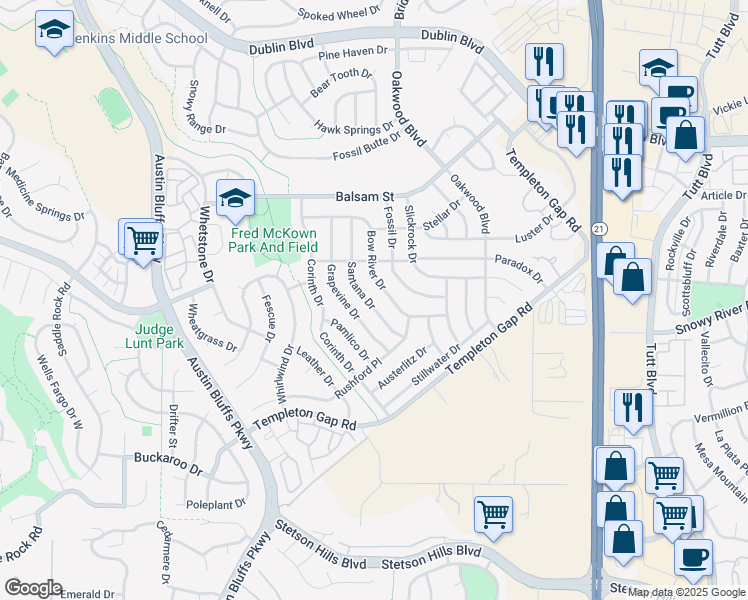 map of restaurants, bars, coffee shops, grocery stores, and more near 5869 Santana Drive in Colorado Springs
