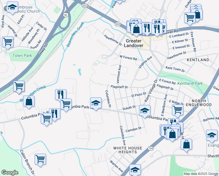 map of restaurants, bars, coffee shops, grocery stores, and more near 2233 Columbia Place in Hyattsville