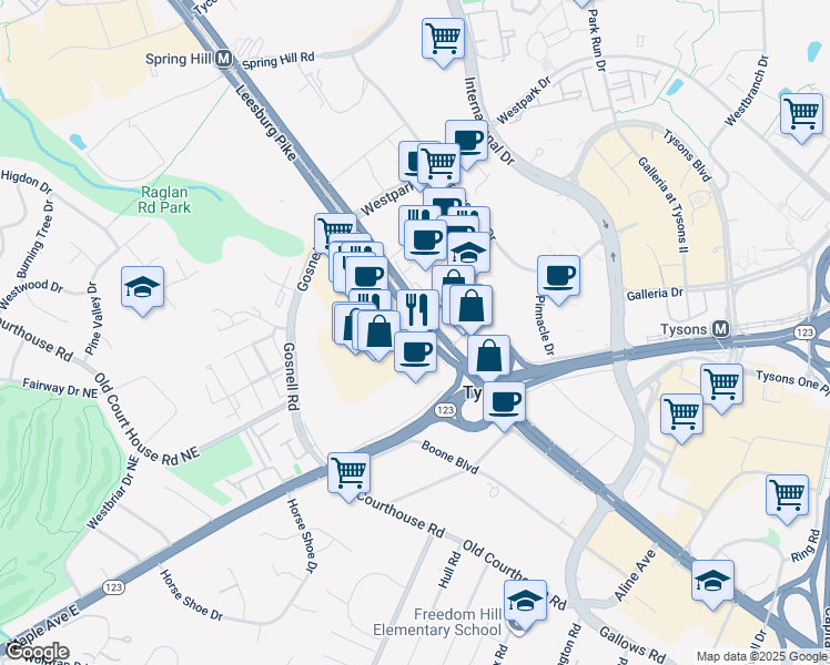 map of restaurants, bars, coffee shops, grocery stores, and more near 8303 Leesburg Pike in Vienna