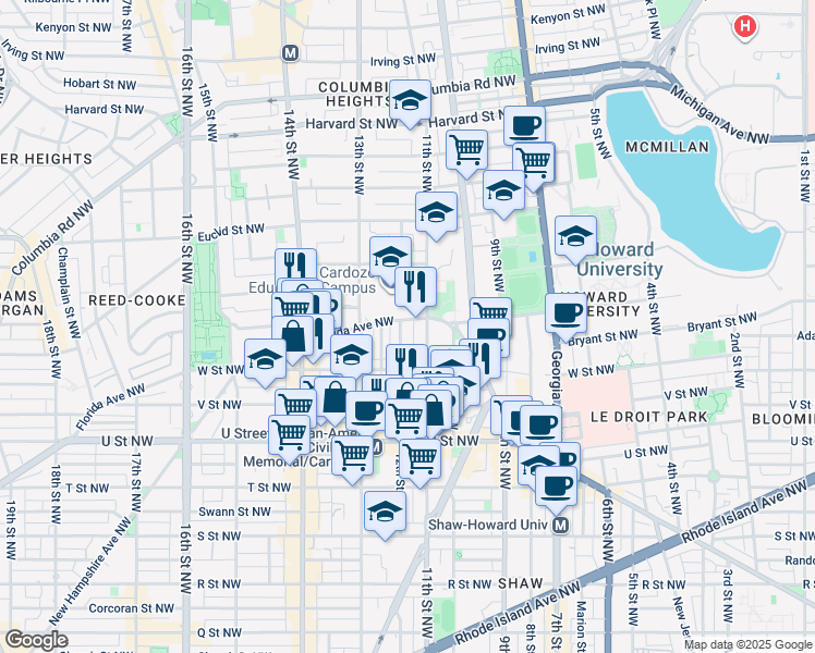 map of restaurants, bars, coffee shops, grocery stores, and more near 2261 12th Street Northwest in Washington