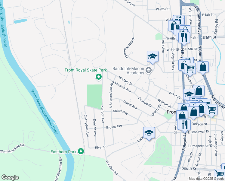 map of restaurants, bars, coffee shops, grocery stores, and more near 114 South Shenandoah Avenue in Front Royal