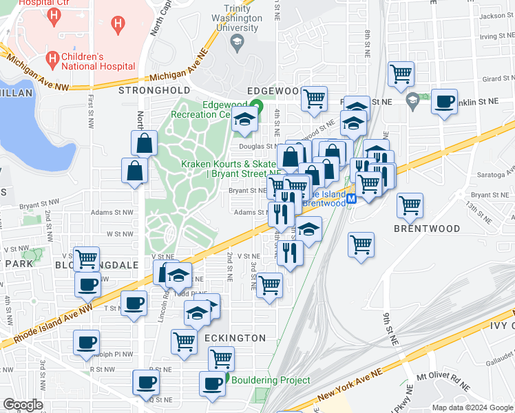 map of restaurants, bars, coffee shops, grocery stores, and more near 2309 3rd Street Northeast in Washington