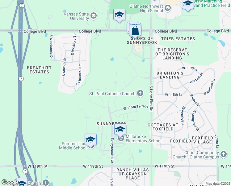map of restaurants, bars, coffee shops, grocery stores, and more near 11508 South Waterford Drive in Olathe