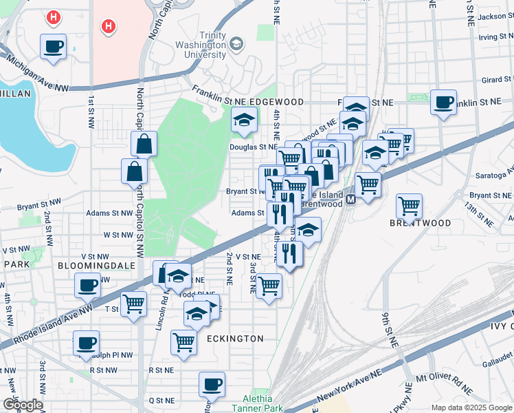 map of restaurants, bars, coffee shops, grocery stores, and more near 2309 3rd Street Northeast in Washington