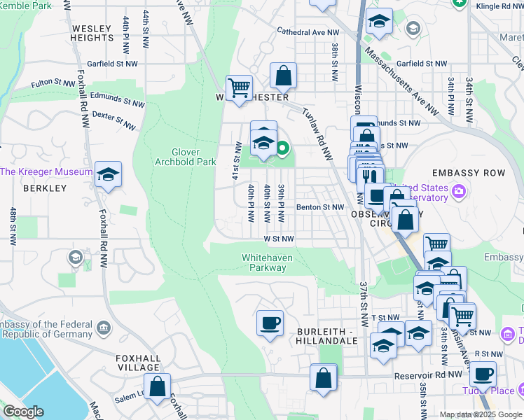 map of restaurants, bars, coffee shops, grocery stores, and more near 2240 40th Street Northwest in Washington