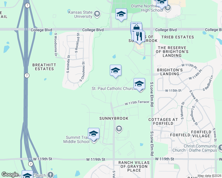 map of restaurants, bars, coffee shops, grocery stores, and more near 11533 South Roundtree Street in Olathe