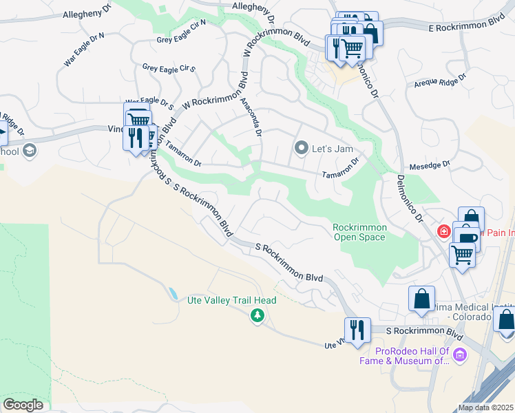 map of restaurants, bars, coffee shops, grocery stores, and more near 6155 Perfect View in Colorado Springs