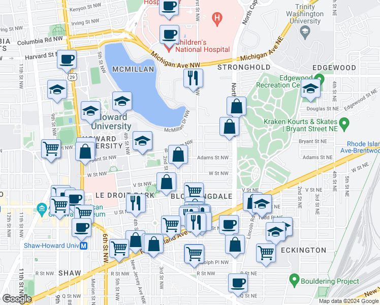 map of restaurants, bars, coffee shops, grocery stores, and more near 101 Independence Avenue Southeast in Washington