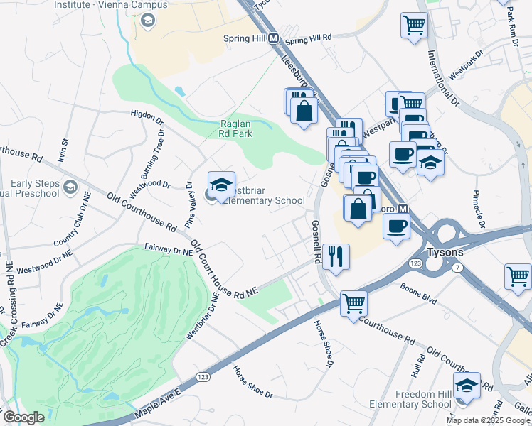 map of restaurants, bars, coffee shops, grocery stores, and more near 8611 Raglan Road in Vienna