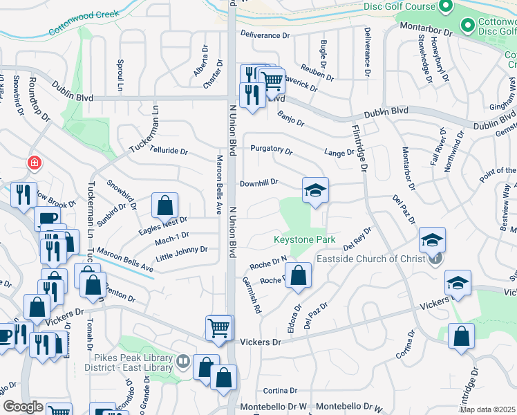 map of restaurants, bars, coffee shops, grocery stores, and more near 2965 Buttermilk Circle in Colorado Springs