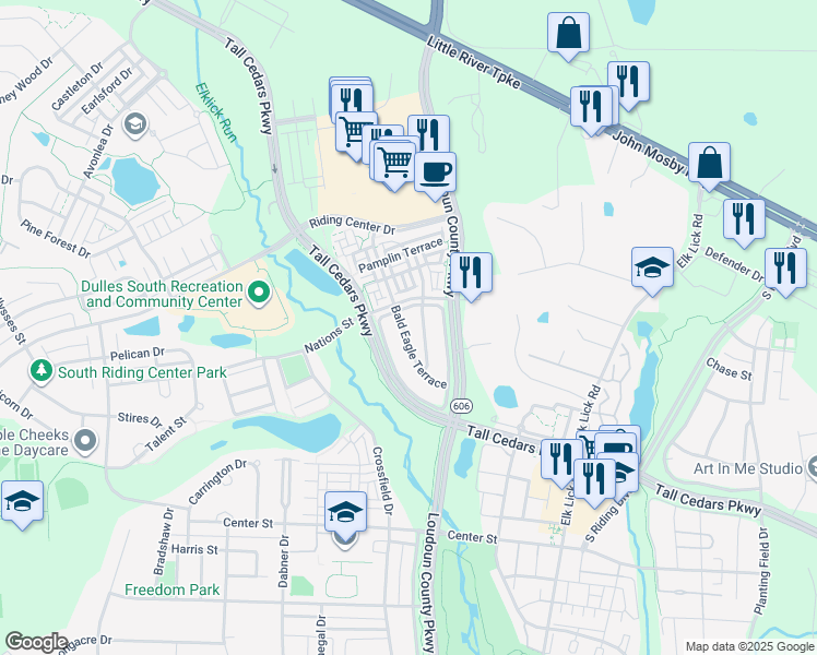 map of restaurants, bars, coffee shops, grocery stores, and more near 25196 Bald Eagle Terrace in South Riding