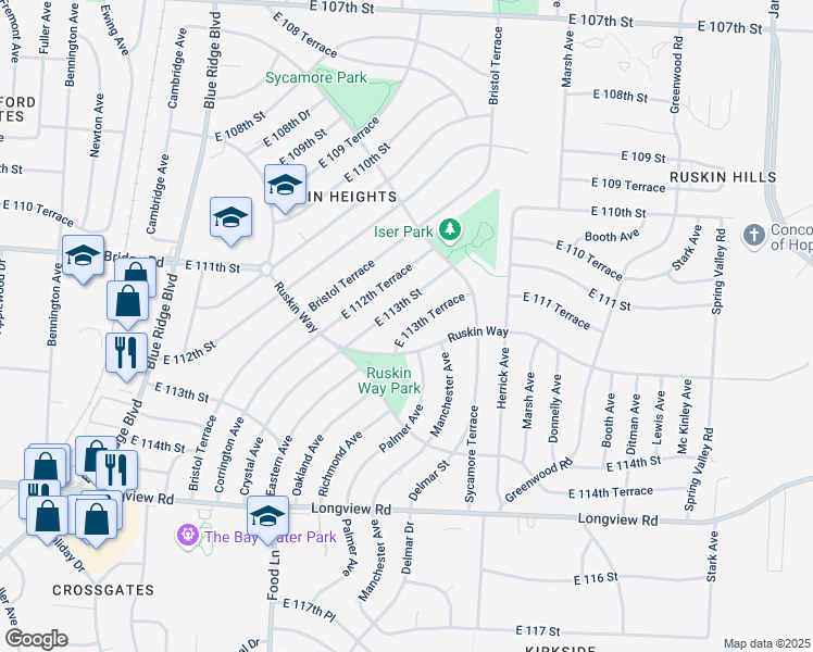 map of restaurants, bars, coffee shops, grocery stores, and more near 7810 East 113th Terrace in Kansas City
