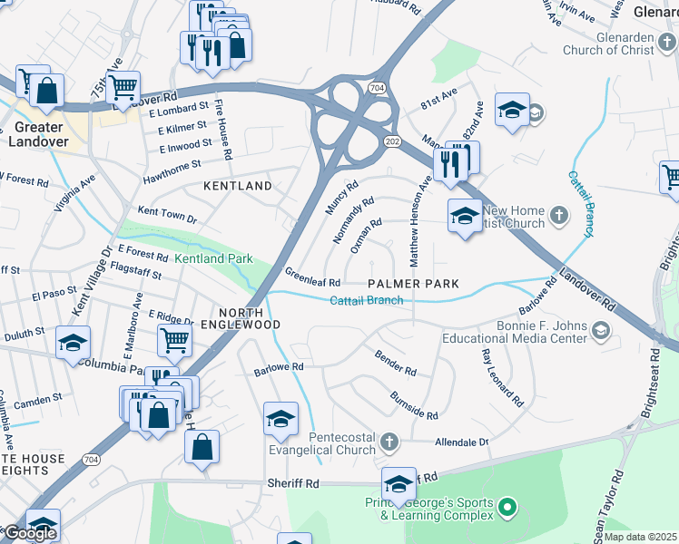 map of restaurants, bars, coffee shops, grocery stores, and more near 7602 Oxman Road in Greater Landover