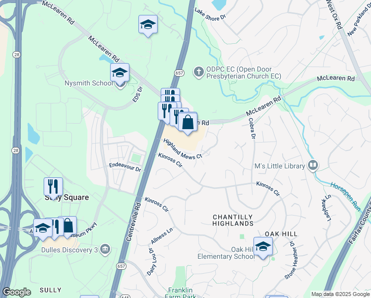 map of restaurants, bars, coffee shops, grocery stores, and more near 13578 Highland Mews Court in Herndon