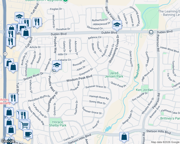 map of restaurants, bars, coffee shops, grocery stores, and more near 6547 Graymont Drive in Colorado Springs