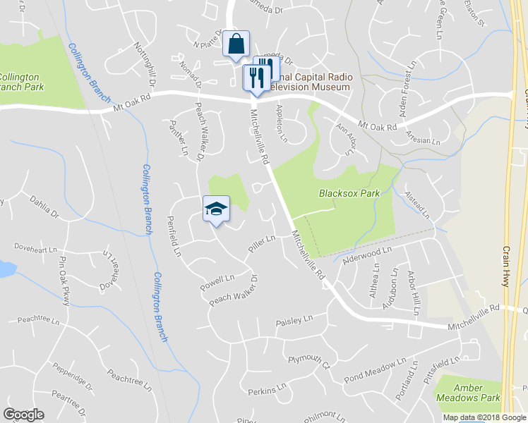 map of restaurants, bars, coffee shops, grocery stores, and more near 2278 Prince of Wales Court in Bowie