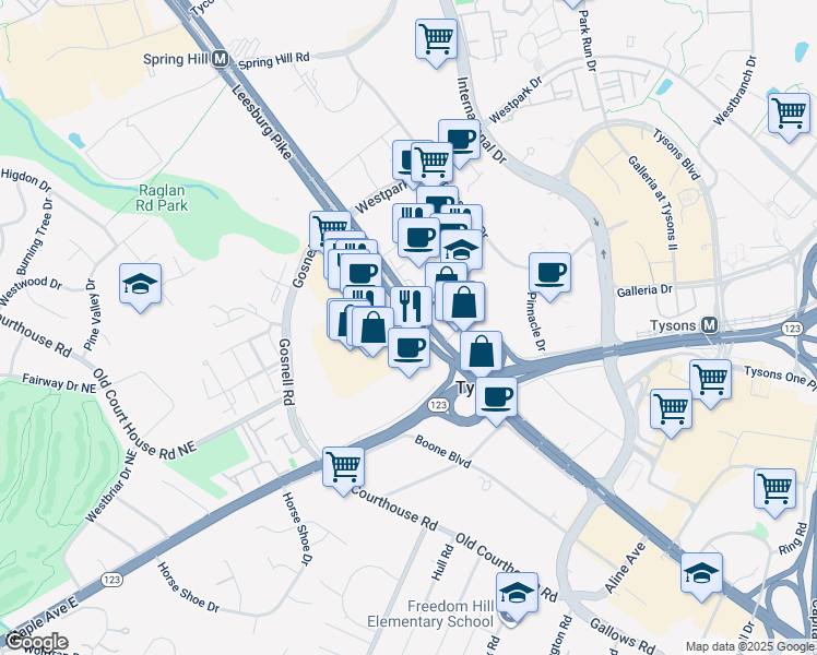 map of restaurants, bars, coffee shops, grocery stores, and more near 8303 Leesburg Pike in Vienna