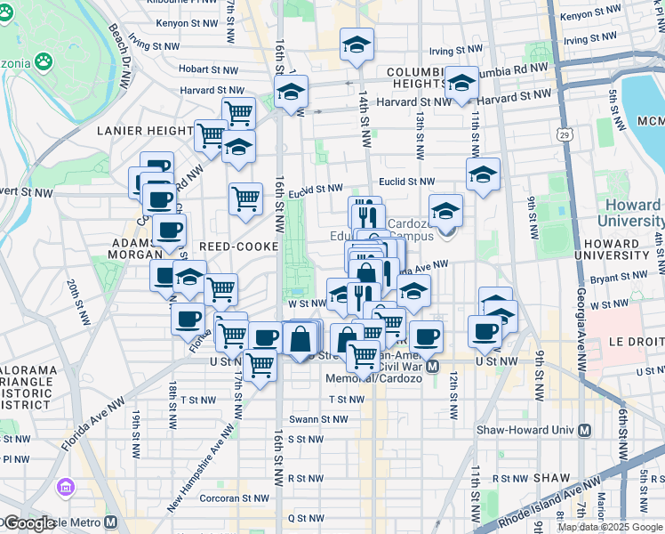map of restaurants, bars, coffee shops, grocery stores, and more near Belmont Street Northwest in Washington