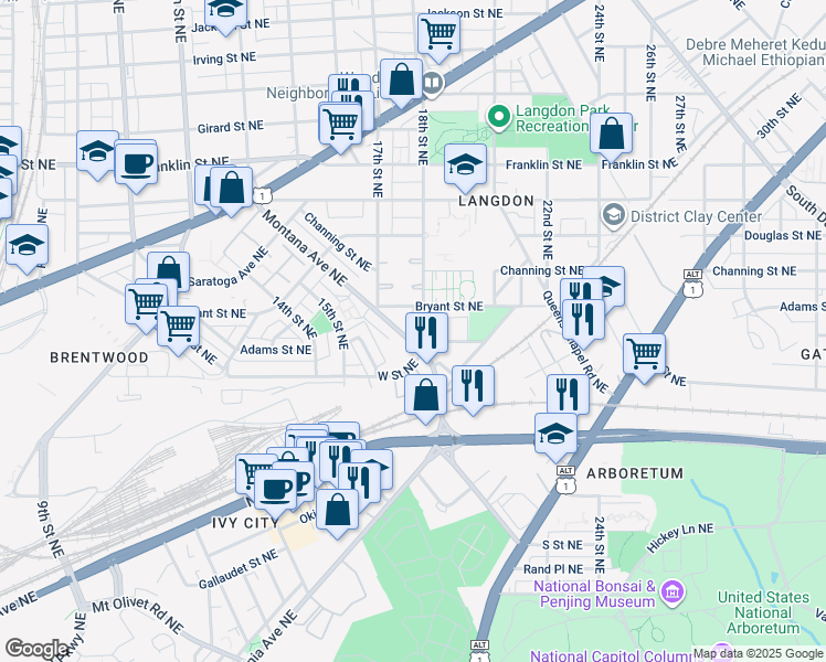map of restaurants, bars, coffee shops, grocery stores, and more near 2302 18th Street Northeast in Washington