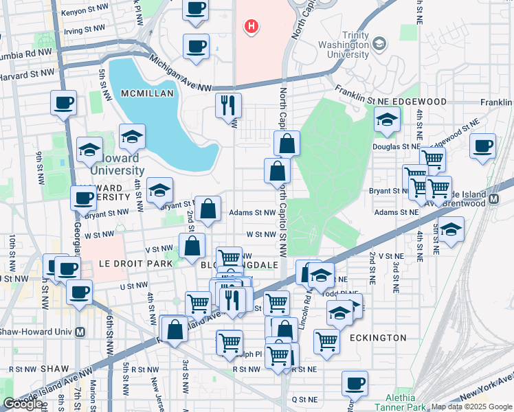 map of restaurants, bars, coffee shops, grocery stores, and more near 47 Adams Street Northwest in Washington