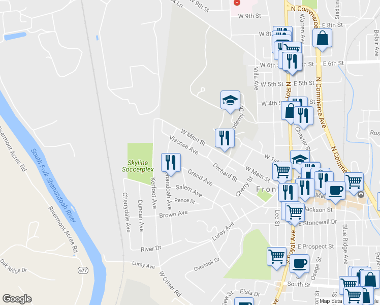map of restaurants, bars, coffee shops, grocery stores, and more near 422 Viscose Avenue in Front Royal