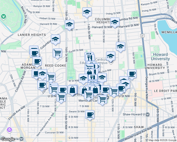 map of restaurants, bars, coffee shops, grocery stores, and more near Jacksonville Alley in Washington