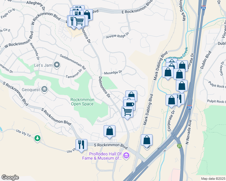 map of restaurants, bars, coffee shops, grocery stores, and more near 6257 Colony Circle in Colorado Springs