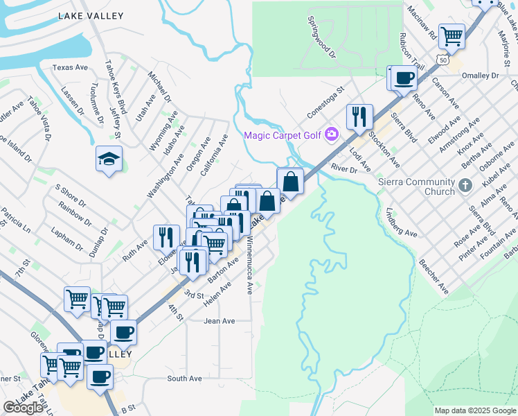 map of restaurants, bars, coffee shops, grocery stores, and more near 2317 Lake Tahoe Boulevard in South Lake Tahoe